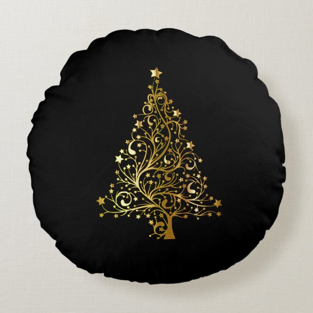 Vrolijk kerstboomsterren zwart Gold Shiny Chic Rond Kussen (Voorkant)