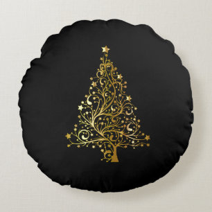 Vrolijk kerstboomsterren zwart Gold Shiny Chic Rond Kussen