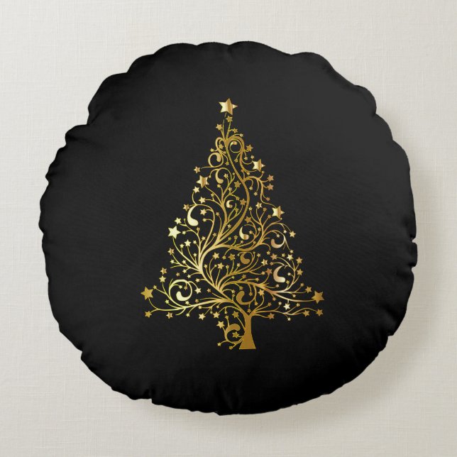 Vrolijk kerstboomsterren zwart Gold Shiny Chic Rond Kussen (Voorkant)