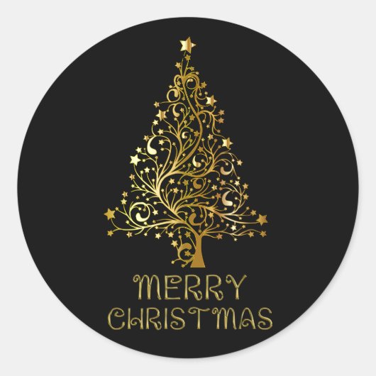 Vrolijk kerstboomsterren zwart Gold Shiny Chic Ronde Sticker (Voorkant)