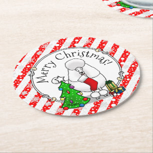 Vrolijk kerstboomtje 2 Poodle (white) Ronde Kartonnen Onderzetter