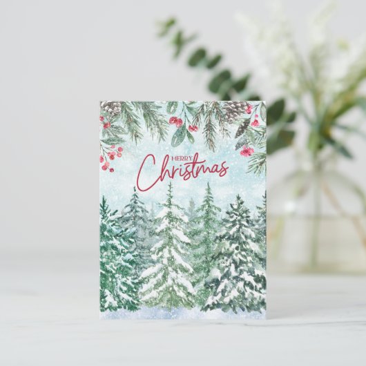 Vrolijk kerstbos, rode bessen, dennenappels feestdagenkaart (Staand voorkant)