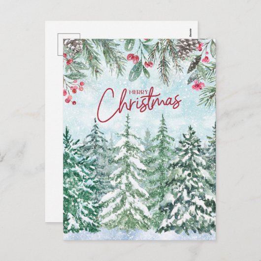 Vrolijk kerstbos, rode bessen, dennenappels feestdagenkaart (Voorkant / Achterkant)
