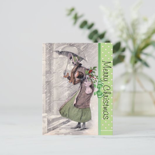 Vrolijk kerstBriefkaart met  dame op sneeuw Feestdagenkaart (Staand voorkant)