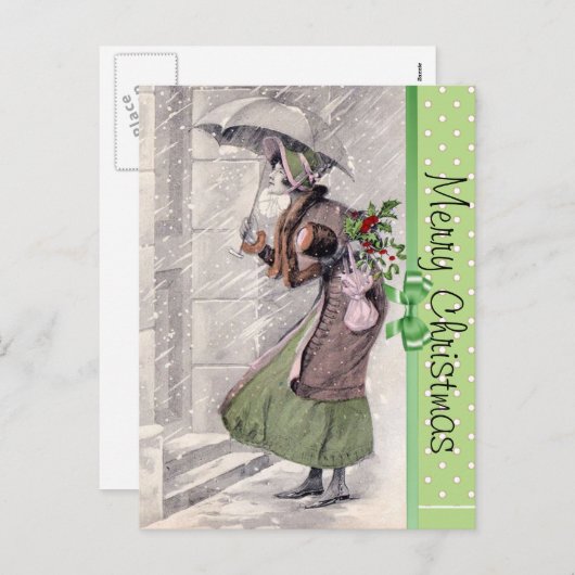 Vrolijk kerstBriefkaart met  dame op sneeuw Feestdagenkaart (Voorkant / Achterkant)