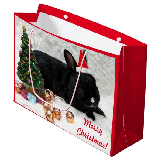 Vrolijk kerstBunny Rabbit in een Santa Hat Groot Cadeauzakje (Voorkant Gekanteld)