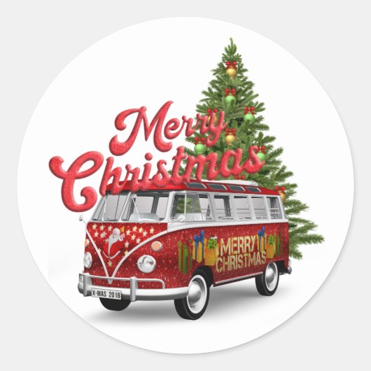Vrolijk kerstbusje ronde sticker (Voorkant)