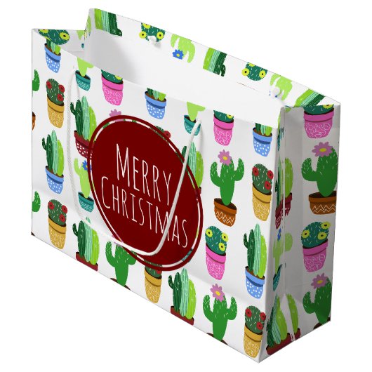 Vrolijk kerstcactus patroon large cadeautasje (Voorkant Gekanteld)