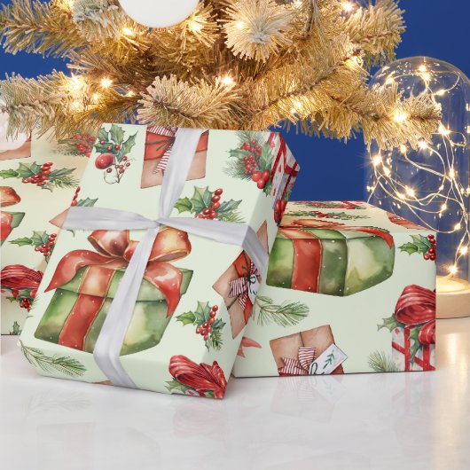 Vrolijk Kerstcadeau Doos Holly Berries Red Bow Cadeaupapier (Feestdagen)