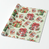 Vrolijk Kerstcadeau Doos Holly Berries Red Bow Cadeaupapier (Uitgerold)