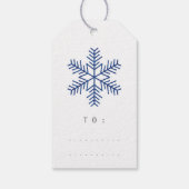 Vrolijk kerstcadeau foto blauw goud sneeuwvlokken cadeaulabel (Achterkant)