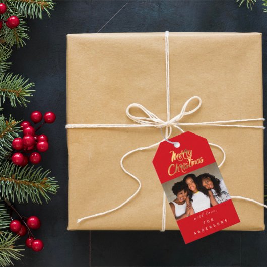 Vrolijk kerstcadeau Foto Red Gold Snowflakes Cadeaulabel