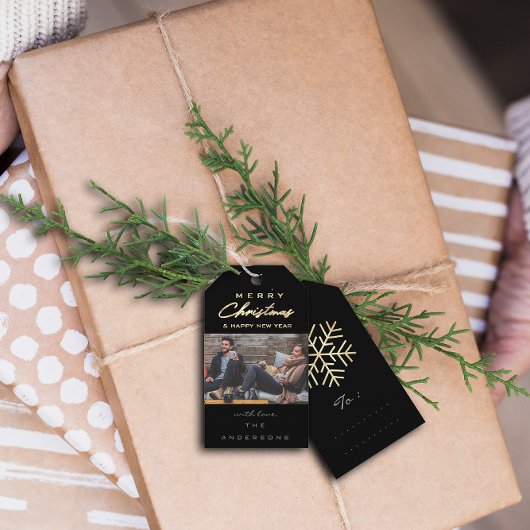 Vrolijk kerstcadeau Foto zwart grijs goudsneeuw Cadeaulabel