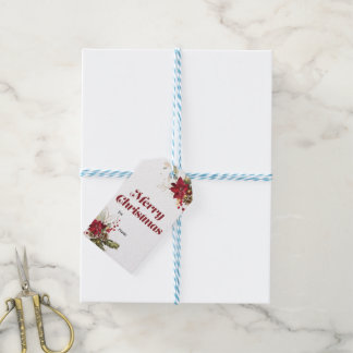 Vrolijk kerstcadeau label met holly en poinsettia cadeaulabel