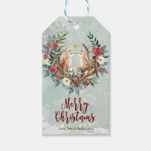Vrolijk kerstcadeau labels winterbloemvossen cadeaulabel (Voorkant)