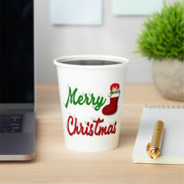 Vrolijk kerstcadeau met rood groen script papieren bekers