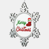 Vrolijk kerstcadeau met rood groen script tin sneeuwvlok ornament (Rechts)