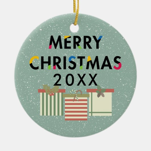 Vrolijk kerstcadeaudozen keramisch ornament (Voorkant)