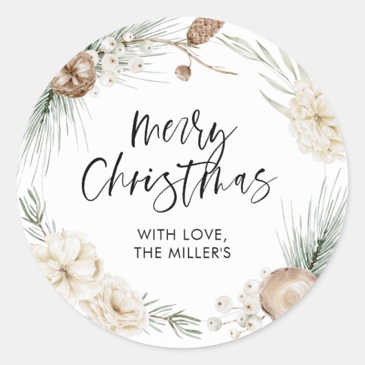 Vrolijk kerstcadeaulabel Greenery Round Sticker (Voorkant)