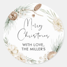 Vrolijk kerstcadeaulabel Greenery Round Sticker