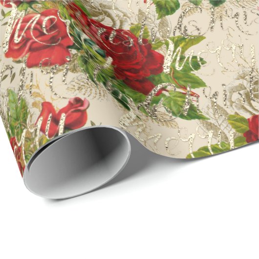 Vrolijk kerstcadeauscript Roos Gold Red Ivory Cadeaupapier (Rol Hoek)