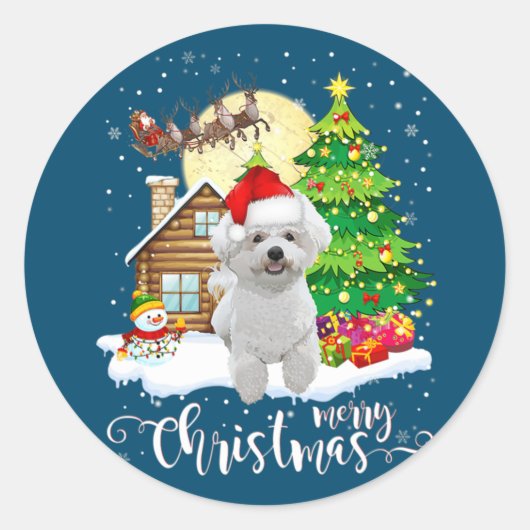 Vrolijk kerstcadeautje Bichon Frise-kerstman met k Ronde Sticker (Voorkant)