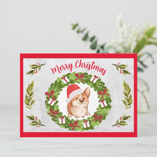 Vrolijk kerstcadeautje Corgi met Santa Hat Feestdagenkaart (Staand voorkant)