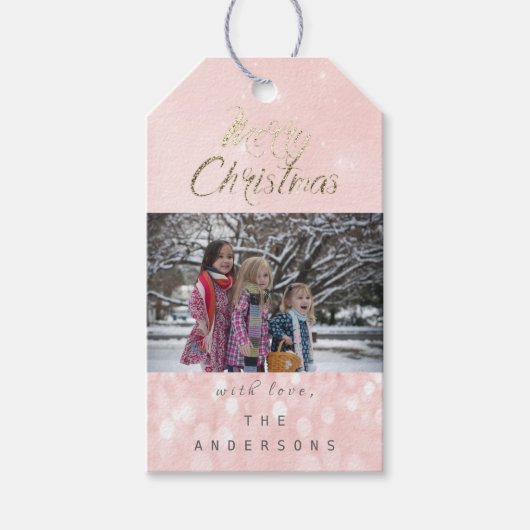 Vrolijk kerstcadeautje Foto Gold Pink Snowflakes Cadeaulabel (Voorkant)