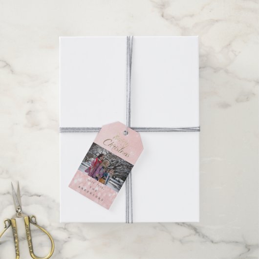 Vrolijk kerstcadeautje Foto Gold Pink Snowflakes Cadeaulabel (Met Touw)