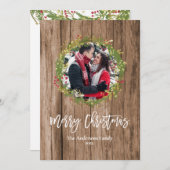 Vrolijk kerstcadeautje Foto Holly Wreath Rustic Bo Feestdagenkaart (Voorkant / Achterkant)