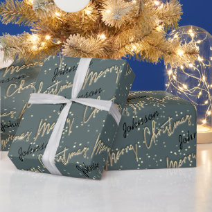 Vrolijk kerstcadeautje Golden Script Name Black Gr Cadeaupapier