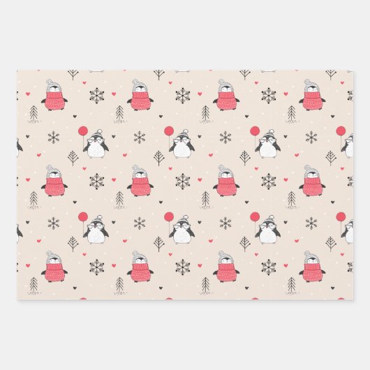 Vrolijk kerstcadeautje Happy Penguin in Petten Roz Inpakpapier Vel (Voorkant)