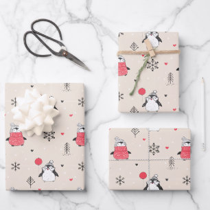 Vrolijk kerstcadeautje Happy Penguin in Petten Roz Inpakpapier Vel