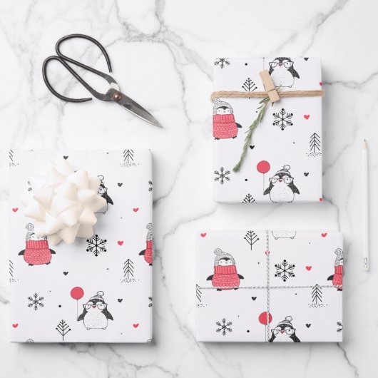 Vrolijk kerstcadeautje Happy Penguin in Petten Whi Inpakpapier Vel (Voorkant)