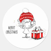 Vrolijk kerstcadeautje, meisje en Cadeau Ronde Sticker (Voorkant)