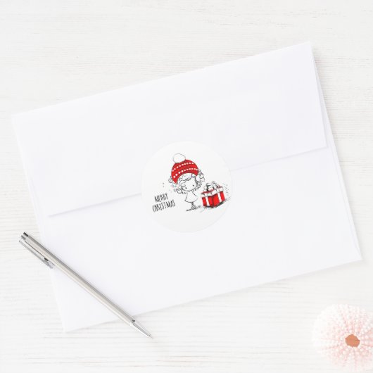 Vrolijk kerstcadeautje, meisje en Cadeau Ronde Sticker (Envelop)
