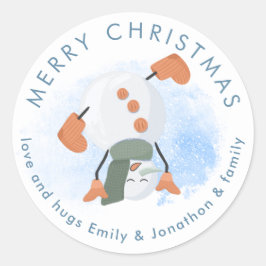 Vrolijk kerstcadeautje Snowman Cartwheel uit naam Ronde Sticker