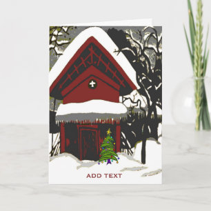 Vrolijk kerstchalet in sneeuwprint feestdagen kaart