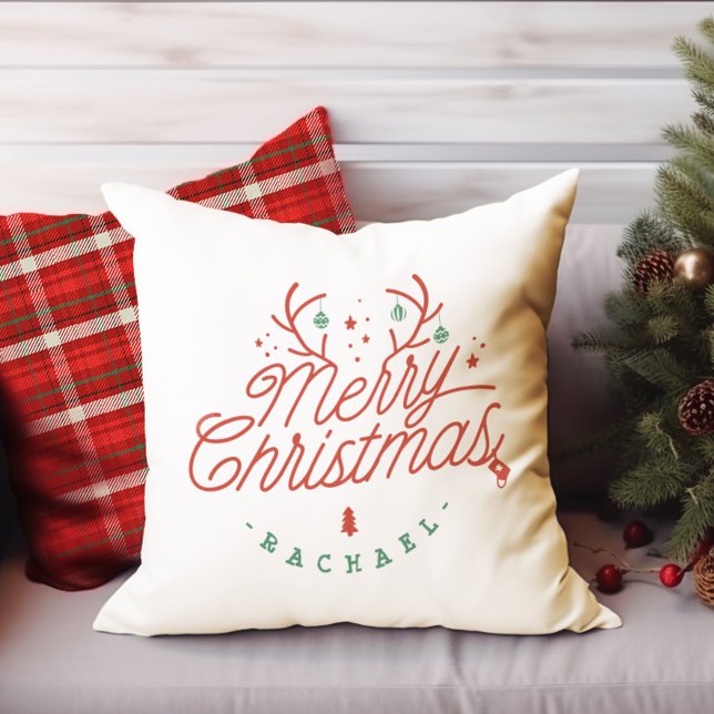 Vrolijk kerstcheque geruite gepersonaliseerde rend kussen (Merry Christmas Check Plaid Personalized Reindeer Throw Pillow)