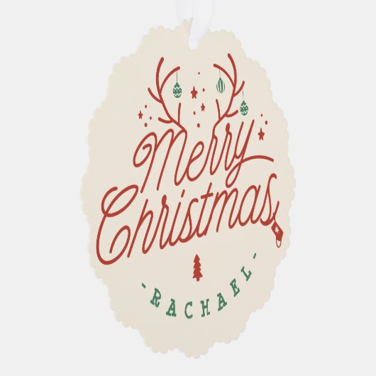 Vrolijk kerstcheque geruite gepersonaliseerde rend ornament kaart (Rechts)