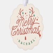 Vrolijk kerstcheque geruite gepersonaliseerde rend ornament kaart (Links)