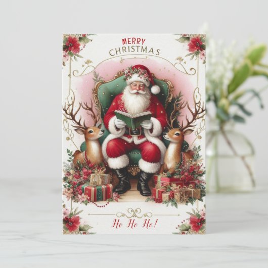 Vrolijk kerstcitaat Santa Reading to Reinders Feestdagenkaart (Staand voorkant)