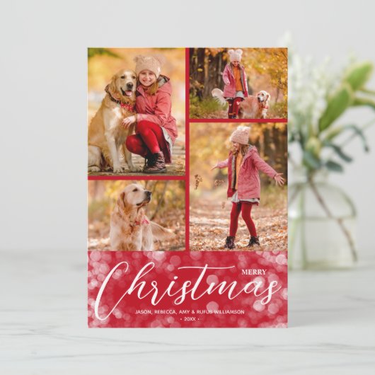 Vrolijk kerstcollage Multi-Photo Red Feestdagenkaart (Staand voorkant)