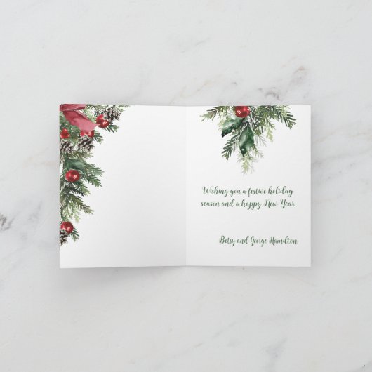 Vrolijk Kerstdennenbos Bough Rode Ornamenten Kegel Feestdagen Kaart (Binnen)