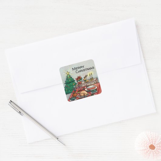 Vrolijk kerstdiner vierkante sticker (Envelop)