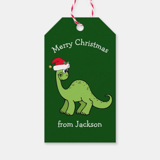 Vrolijk kerstdinosaurus in Santa Hat Custom Kinder Cadeaulabel (Voorkant)