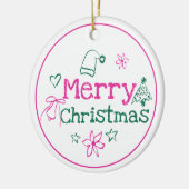 Vrolijk Kerstdoedels Roze & Groen Gepersonaliseerd Keramisch Ornament (Links)