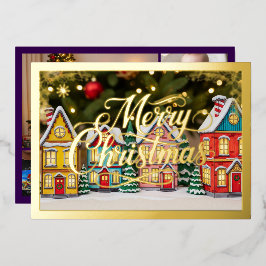 Vrolijk kerstdorp herbergt Paarse gouden Folie Feestdagenkaart