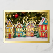 Vrolijk kerstdorp herbergt Paarse gouden Folie Feestdagenkaart (Voorkant)