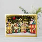 Vrolijk kerstdorp herbergt Paarse gouden Folie Feestdagenkaart (Staand Voorkant)